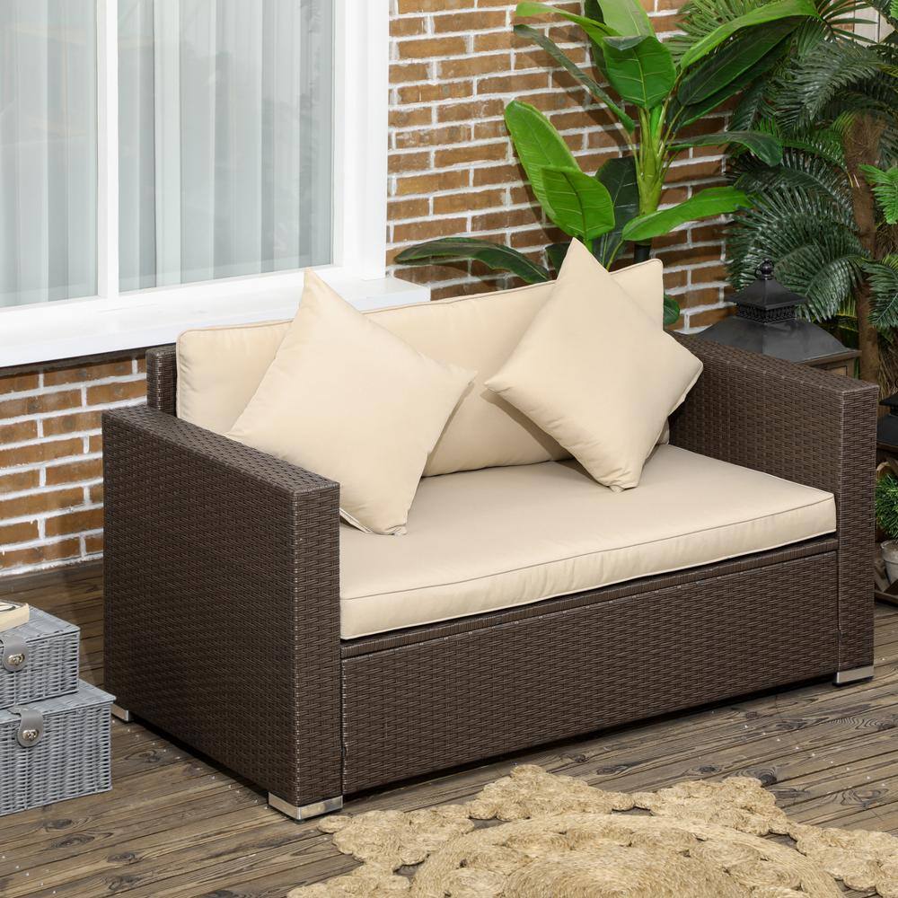 Beige Wicker Outdoor Loveseat with Cushions and Throw Pillows