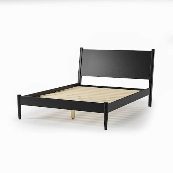 Mid-Century Black Solid Wood Frame Queen Panel Platform Bed