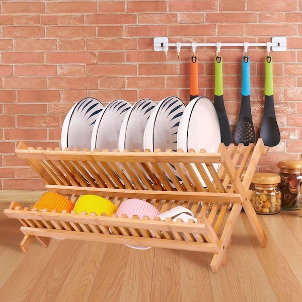 Natural Bamboo Collapsible 2-Tier Dish Drying Rack Space Saving Counter Organizer for Kitchen 17.8 x 10.23 x 9.25