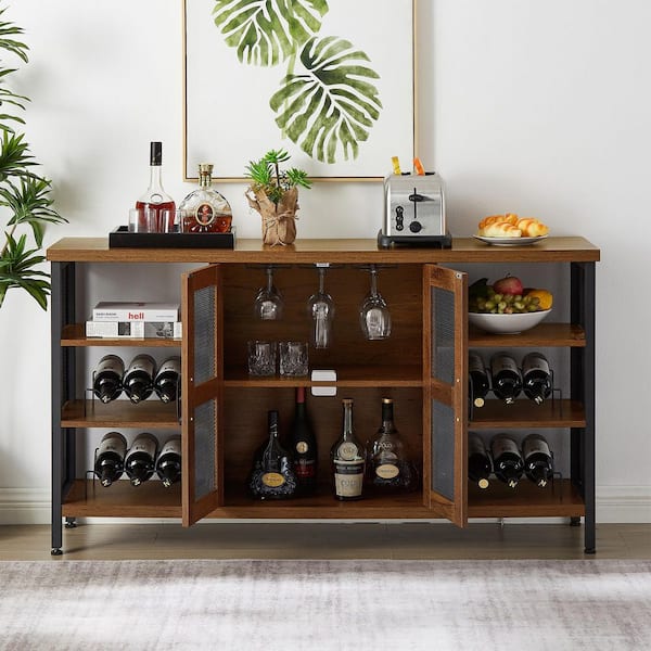 Yofe Oak and Black Rustic Wood Wine Bar Cabinet for Liquor and Glasses, Double Sideboard and Buffet Cabinet, Wine Rack Table, Oak & Black