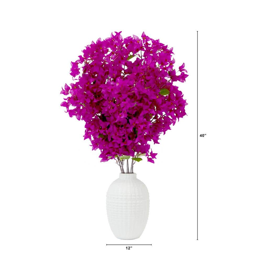 White Ceramic Vase with Purple Bougainvillea Floral Arrangement