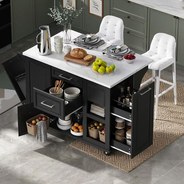 Modern Black Wood 50.7 in. Power Outlet 2-Drawer Kitchen Island with Pull Out Cabinet Organizer and Tilt Trash Can