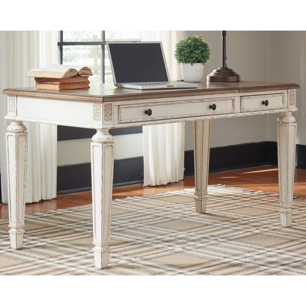 Rustic White & Brown Home Office Desk with Power Outlets and USB Ports