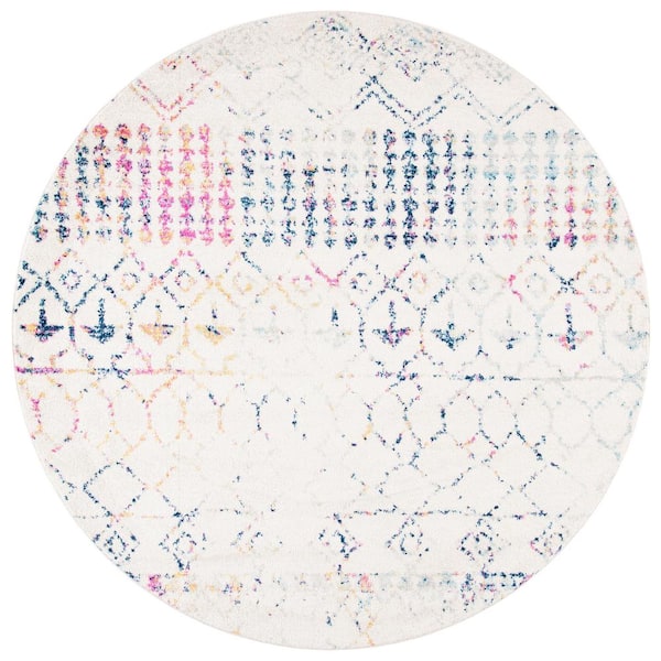 Tulum 10 ft. x 10 ft. Round Ivory/Blue Diamond Tribal Area Rug