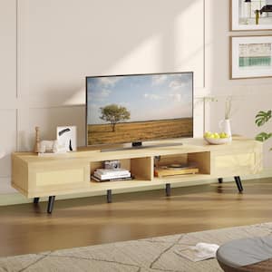 70 in. Mid-Century TV Stand with Rattan Sliding Doors and Open Shelves, Fits TVs up to 75 in. White Maple