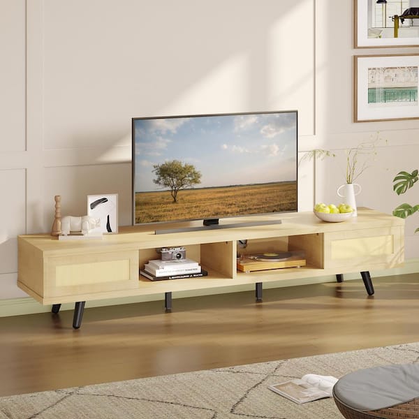 Bestier 70 in. Mid-Century TV Stand with Rattan Sliding Doors and Open Shelves, Fits TVs up to 75 in. White Maple