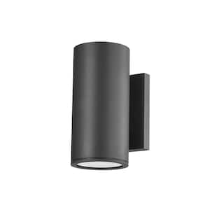 Perry 4.5 in. 1-Light Textured Black Outdoor Cylinder Wall Sconce with Clear Etched Glass Shade