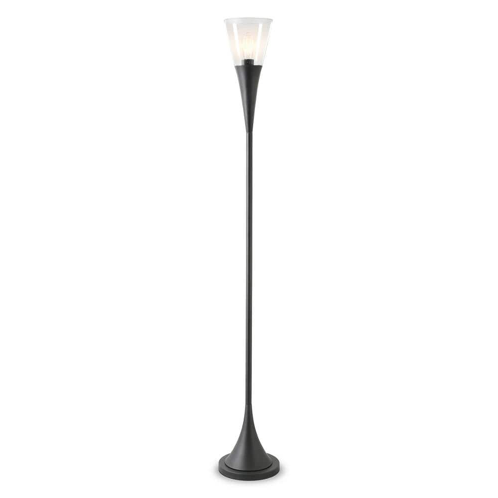 Moura 71" Blackened Bronze Torchiere Floor Lamp with Seeded Glass Shade