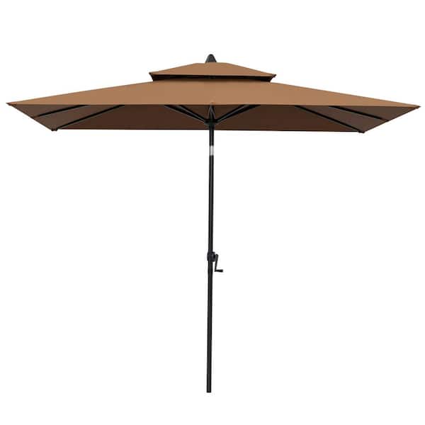 Pellebant Double Top 10 ft. x 6.5 ft. Rectangular Market Crank and Tilt Patio Umbrella in Brown