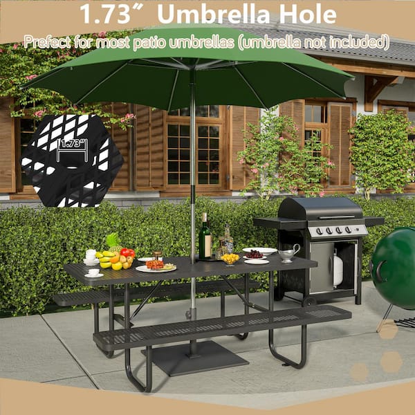 Thanaddo 72.2 in. Black Rectangle Outdoor Metal Picnic Table Seats