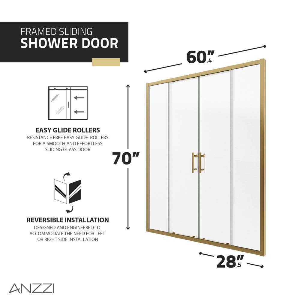 Brushed Gold Framed Double Sliding Shower Door with Clear Glass