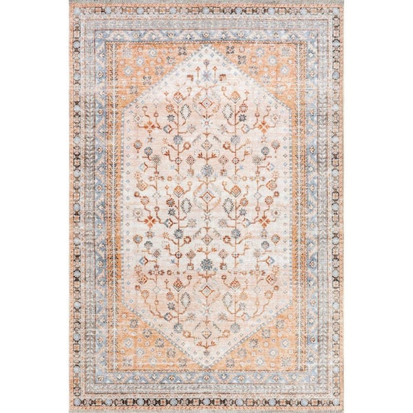 Sunsari Geometric Machine Washable Peach 5 ft. x 8 ft. Indoor/Outdoor Patio Rug