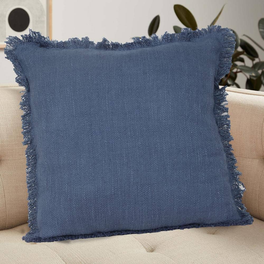 Coastal Navy Blue Textured Cotton 20" Throw Pillow with Fringe