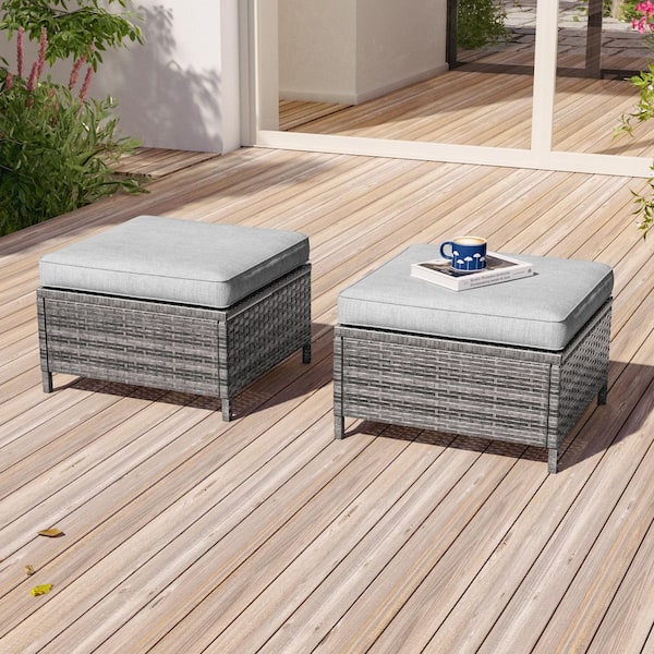 2-Piece Steel Frame Gray Wicker Outdoor Ottoman with Removable Linen Gray Cushion