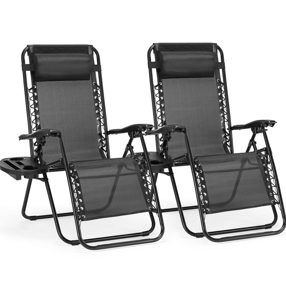 24 in. Metal Outdoor Folding Lounge Chair with Cup Holder Tray for Poolside Garden Backyard Lawn Black (Set-2) price history on PriceWatchPro