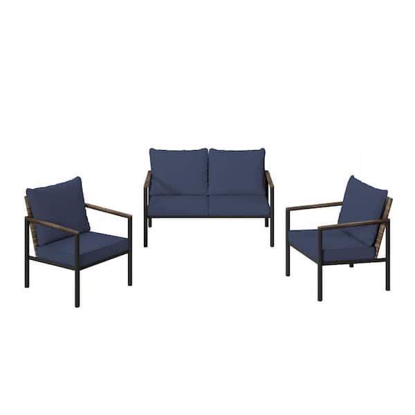 3-Piece Wicker Outdoor Pation Conversation Sofa Set Chaise Lounge with Blue Cushions