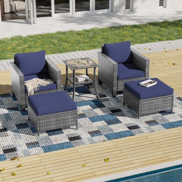 JOYESERY 5-Pieces Patio Conversation Set with Glass Tabletop Side Table All-Weather Gray Wicker with Navy Blue Cushions