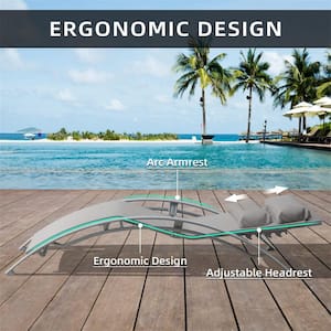 Set of 3 Adjustable Pool Lounge Chair Aluminum Outdoor Lounge Chairs with Metal Side Table All Weather in Gray