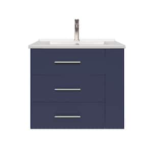 Rita 24.25 in. Single Sink Wallmount Bath Vanity with White Ceramic Countertop in Marine Blue with Right Side Shelf