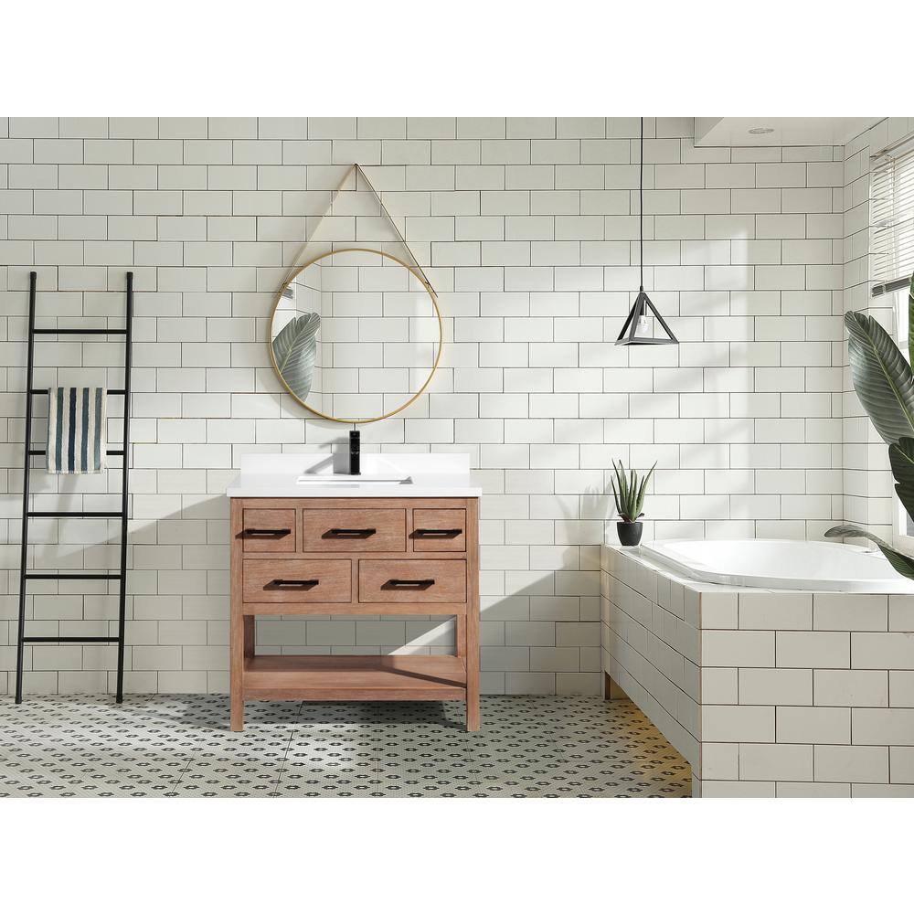 Weathered Brown 36" Solid Wood Farmhouse Vanity with Quartz Top