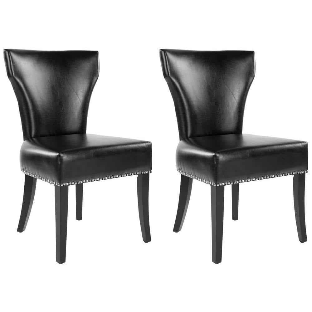 Transitional Black Leather Upholstered Side Chair with Wood Legs