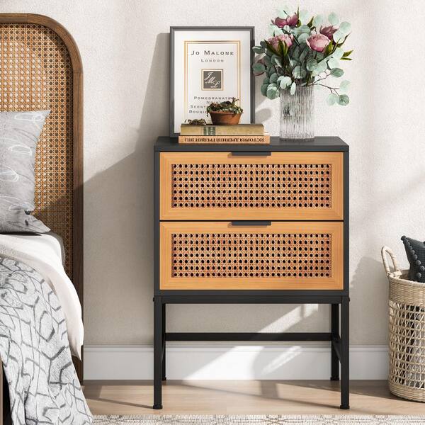 Tribesigns Night 15.75"D x 19.69"W x 25.59"H Nightstand, Bedside Table with Storage Handmade Vine 2-Drawer, Black