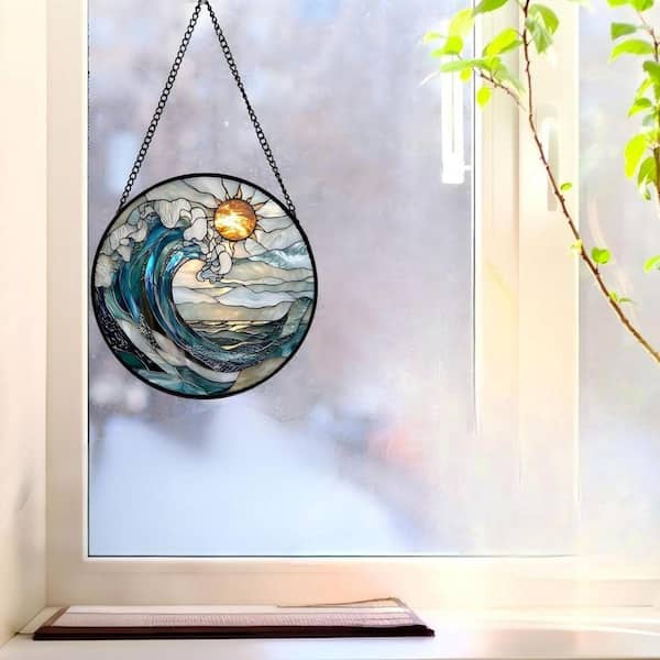 Blue and White Waves Stained Glass Art Glass Window HDDXL8R63C