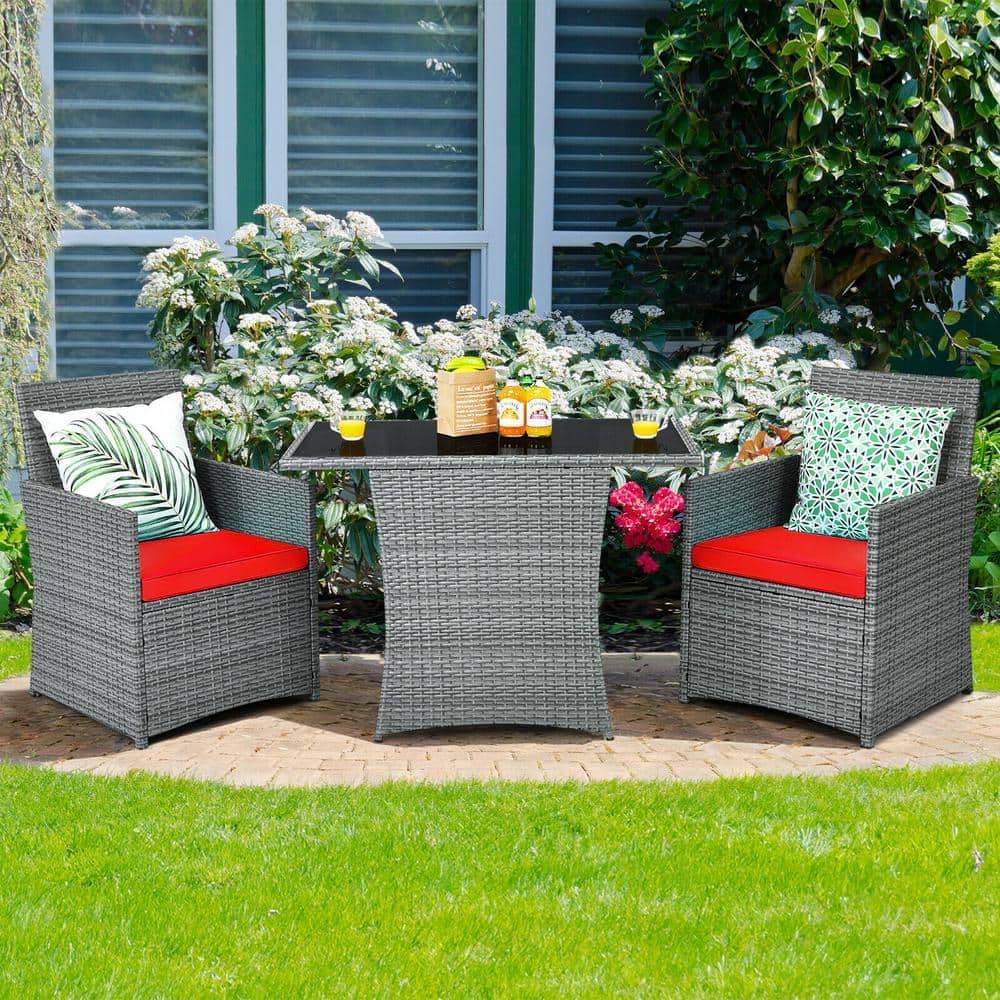 3-Piece Outdoor Wicker Rattan Patio Conversation Set with Red Cushions