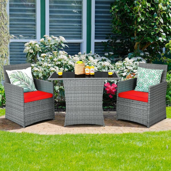 Unbranded 3-Piece Outdoor Wicker Rattan Patio Conversation Set with Red Cushions