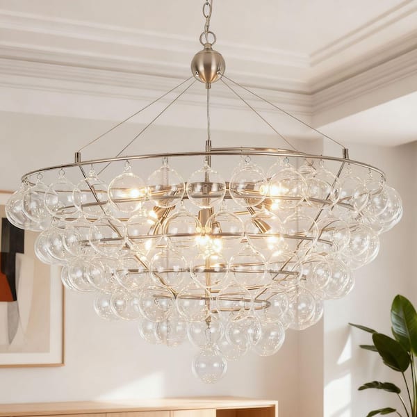 Neuvy 8-Light 34.6 in.W Brushed Nickel Chandelier with Cluster Globe Clear Glass for Pavilion, Church, Lobby, Hotel