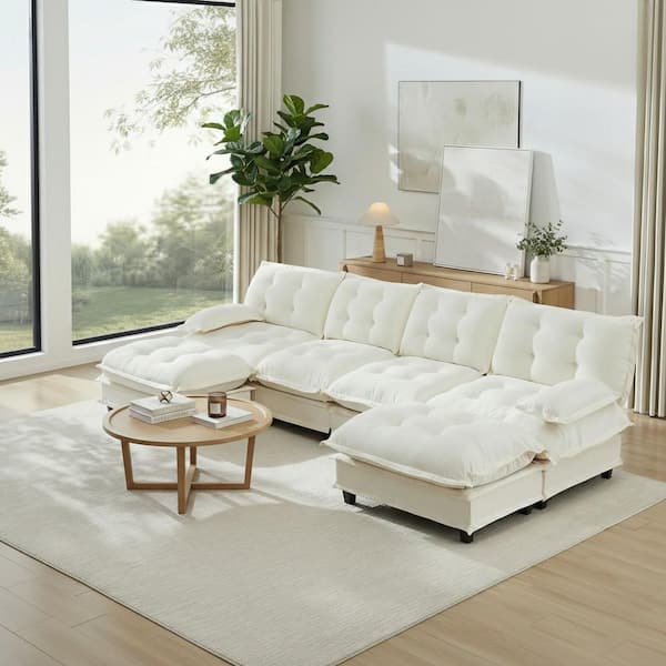PREM Oversize Modular 138.5 in.Chenille Sectional Sofa Set in Ivory White with Ottomans and Deep Seating, Easy Assembly