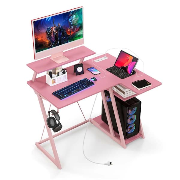 Costway 42.5 in. L-Shaped Pink Wood Desk with Outlets and USB Ports Monitor Shelf Headphone Hook