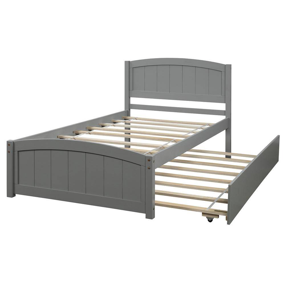 URTR Gray Twin Size Trundle Platform Bed with Pull Out Trundle Wood Bed