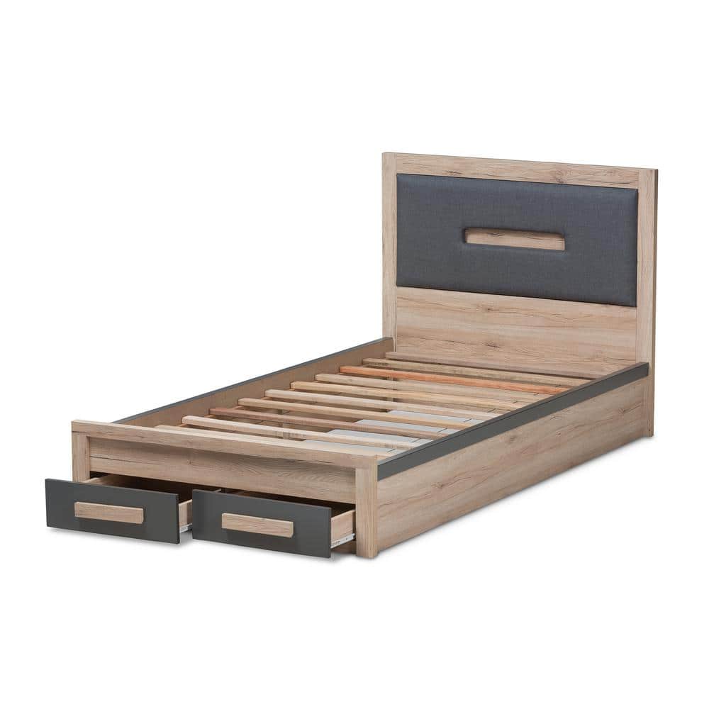 Twin Dark Gray and Light Brown Upholstered Storage Bed with Drawers