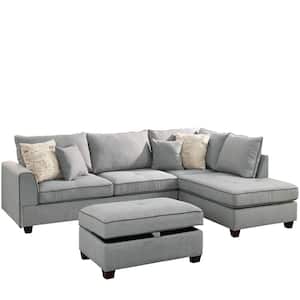 Siena 71 in. 3-Piece L-Shape Dorris Fabric Sectional in Light Gray with Reversible Chaise and Ottoman