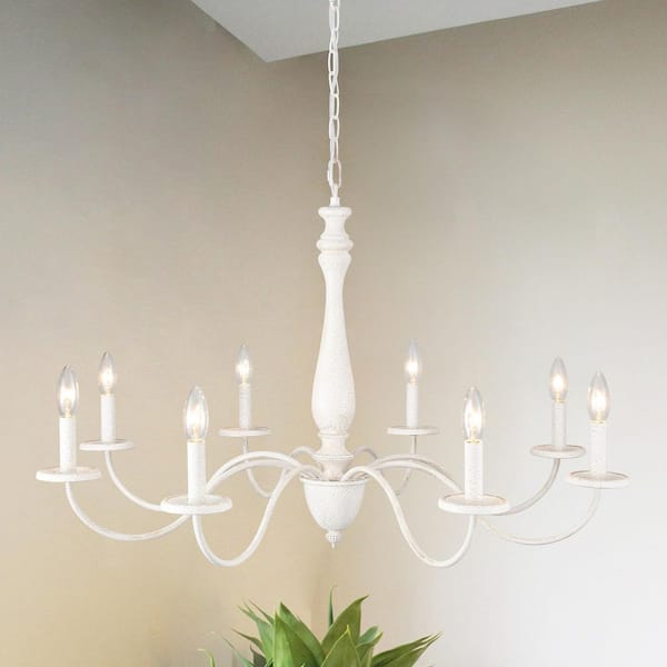 8-Light Vintage White French Country Candle Style Chandelier Farmhouse Pendant Light for Dining Room