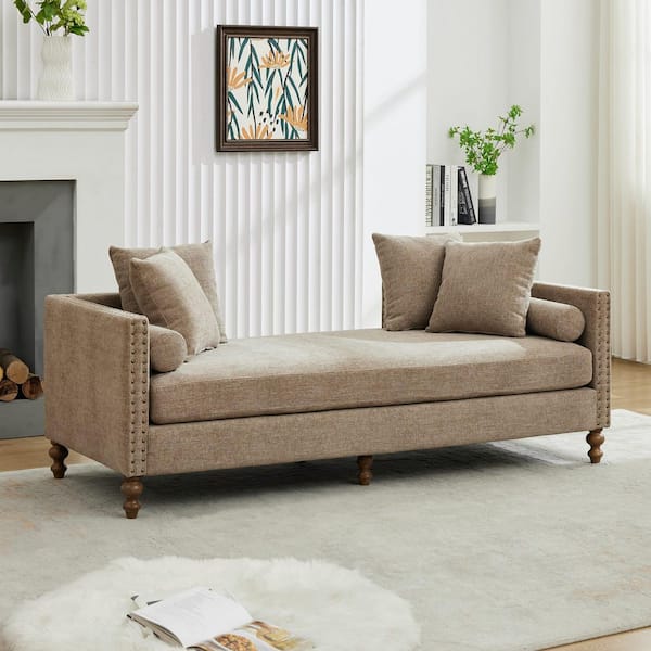 Victoria Chenille Upholstered Rectangle Sofa in Brown with Nailheads, 4 Pillows, 2 Bolsters, Gourd Wood Legs, Taupe