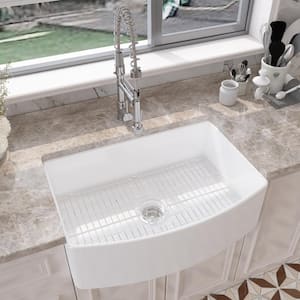 White Fireclay 30 in. Single Bowl Farmhouse Apron Kitchen Sink with Bottom Grid and Basket Strainer