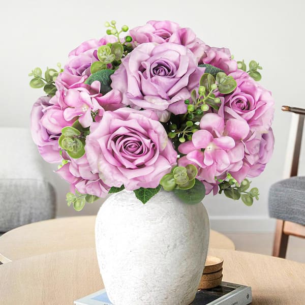 LIVING LUXURY 19 in. Lavender Pink Artificial Elegant Rose Hydrangea Flower Stem Bush Bouquet (Set of 2)