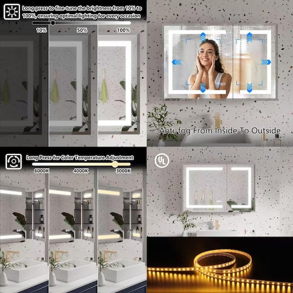 36 in. W x 24 in. H Rectangular Silver Aluminum Beveled Edge Dimmable Medicine Cabinet with Mirror Defogger