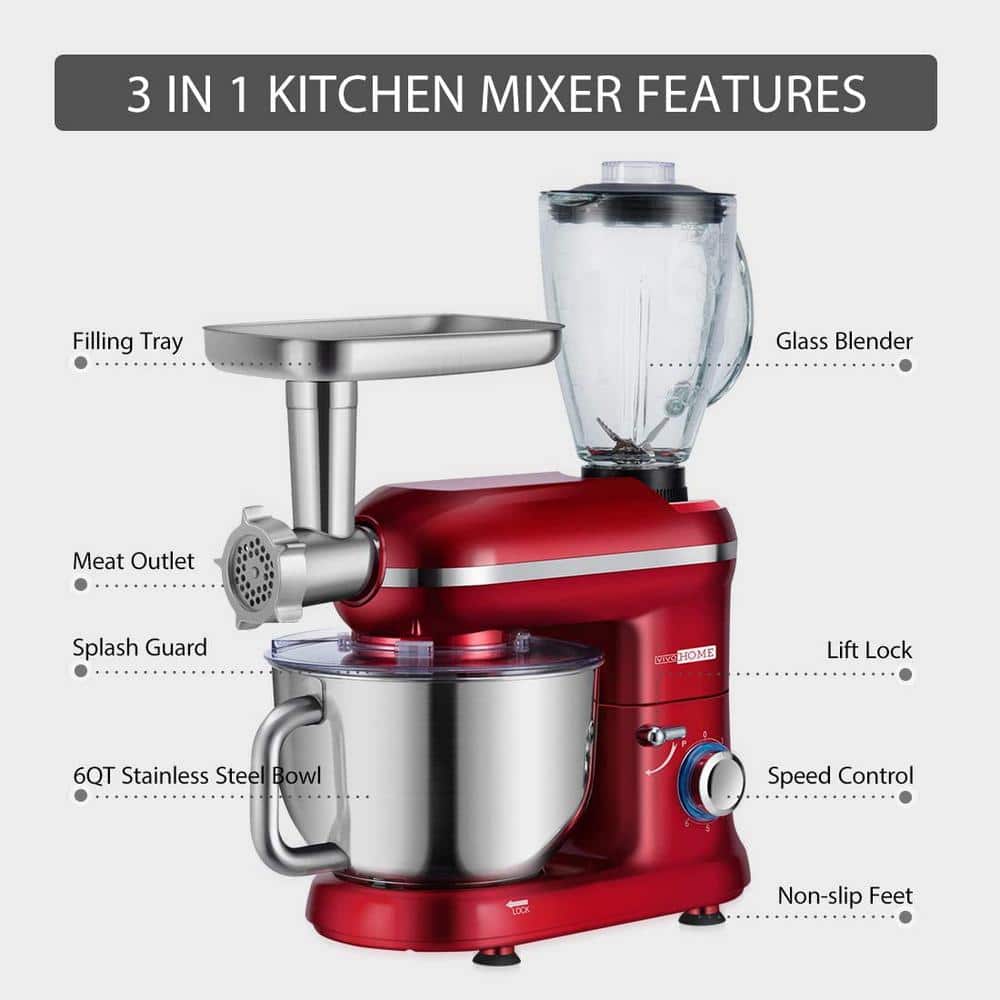 VIVOHOME Red 6 Quart 3-in-1 Stand Mixer with Meat Grinder and Blender