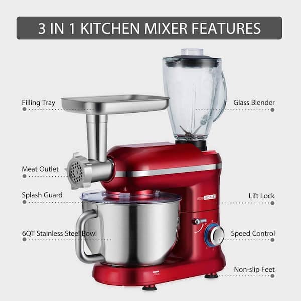 VIVOHOME qt. 6- speed Red 3 in 1 Multifunctional Stand Mixer with Meat and Juice ETL Listed X001W3QPWH - The Home Depot