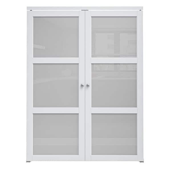 60 in. x 80 in. Frosted Glass Solid Core MDF Bi-fold Door Plus French Style Pivot Hardware (3-Lite White Finish)