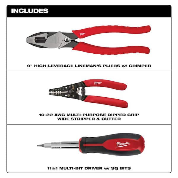 Electrician's Screwdriver, Lineman's Plier & Wire Stripper Hand Tool Kit (3-Piece)