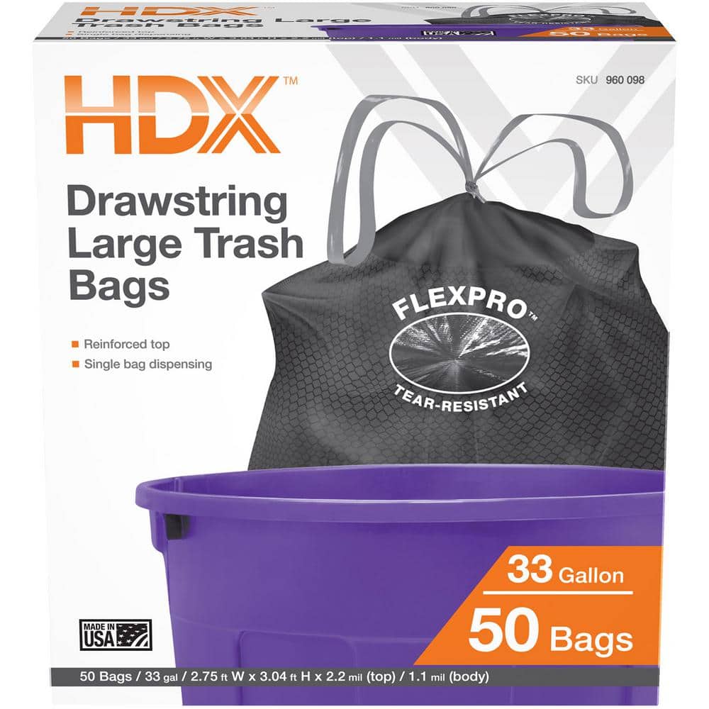 Perk™ Drawstring Heavy-Duty Trash Bags, 33 gal, 1.1 mil, 37 x 33, Black,  30/Box, PRK24377879