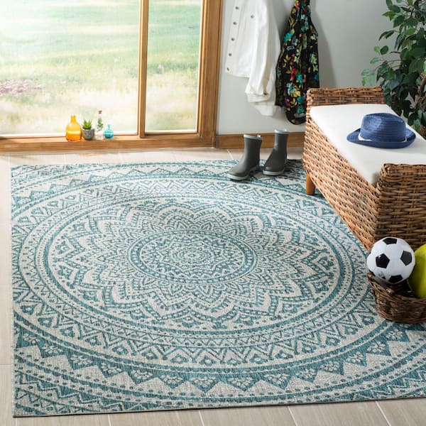 Courtyard Light Gray/Teal Doormat 3 ft. x 3 ft. Square Medallion Indoor/Outdoor Area Rug