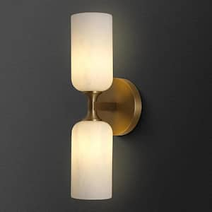 14 in. 2-Light Gold Modern Natural Alabaster Wall Sconce, Brass Bathroom Sconces for Living Room, Staircase, Hallway