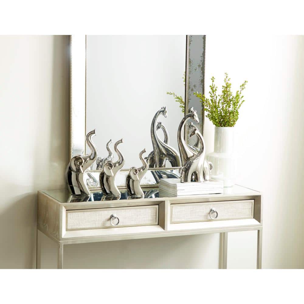 Silver Porcelain Elephant Statue Set with Polished Finish