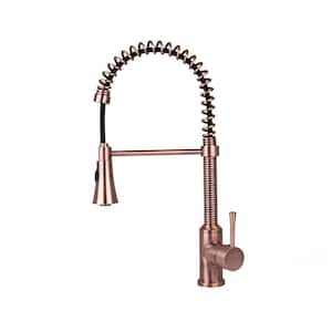 Residential Spring Coil Single-Handle Pull-Down Kitchen Faucet with Cone Sprayer in Antique Copper