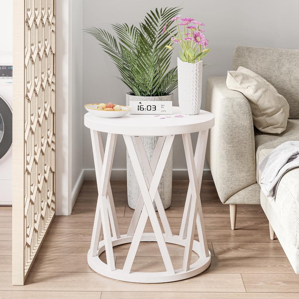 Antique White Round Wood Farmhouse End Table with X-Motifs